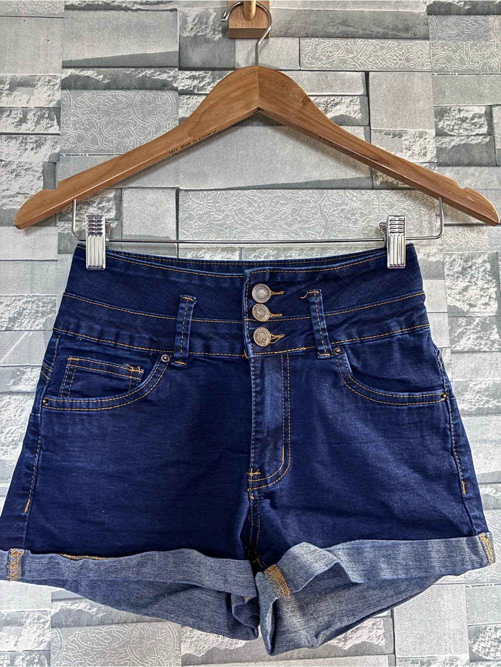 High-Rise Navy Denim Shorts with Triple-Button Front